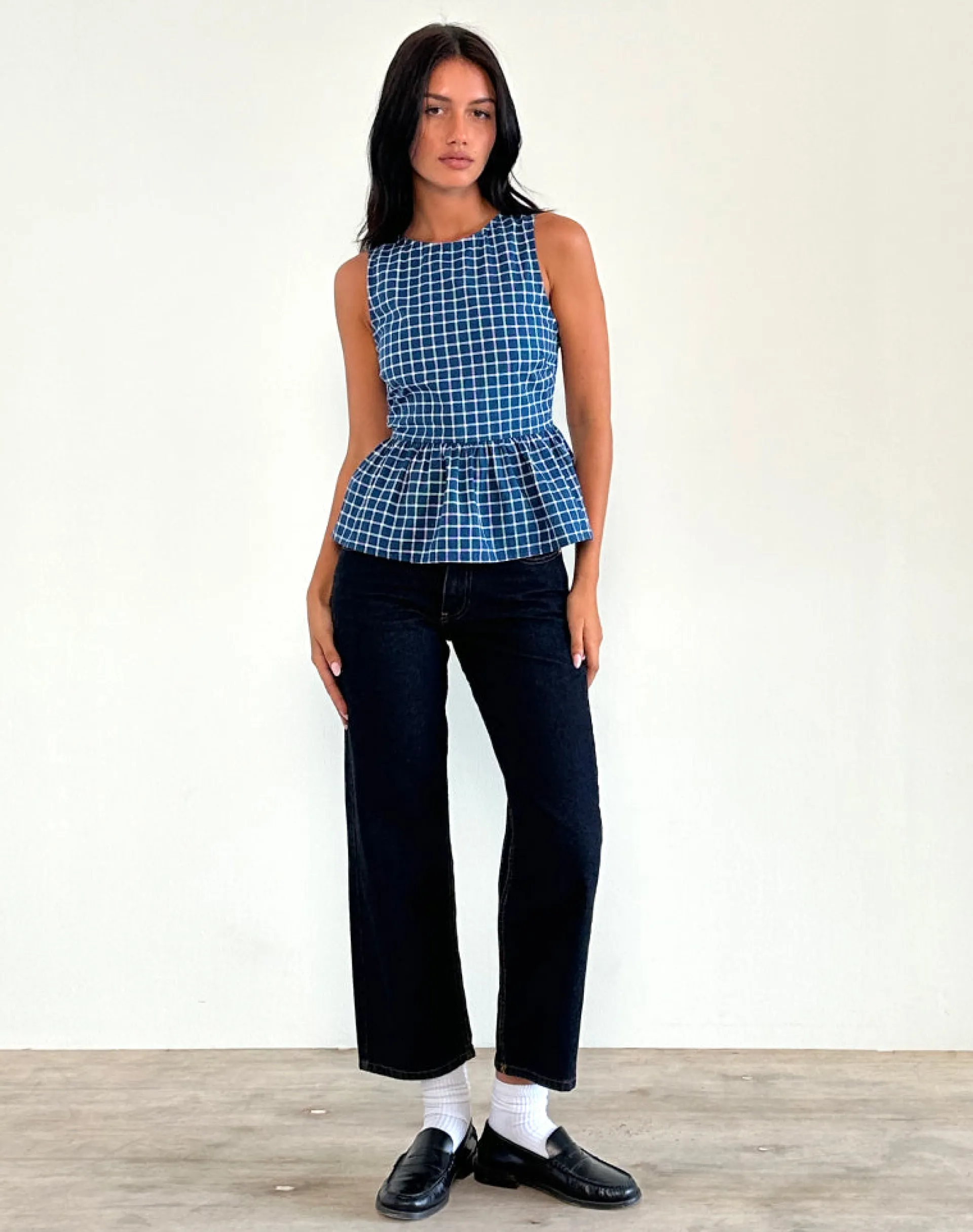 Motel Rocks Vest Tops | Printed Tops-Lanzo Tie Back Top in Poplin Navy Tartan poplinnavytartan