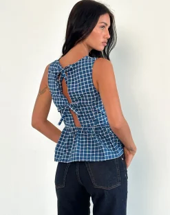 Motel Rocks Vest Tops | Printed Tops-Lanzo Tie Back Top in Poplin Navy Tartan poplinnavytartan