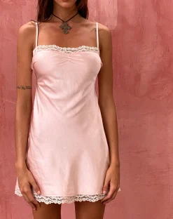 Motel Rocks Mini Dresses-Larna Lace Trim Satin Mini Dress in Baby Pink BabyPink