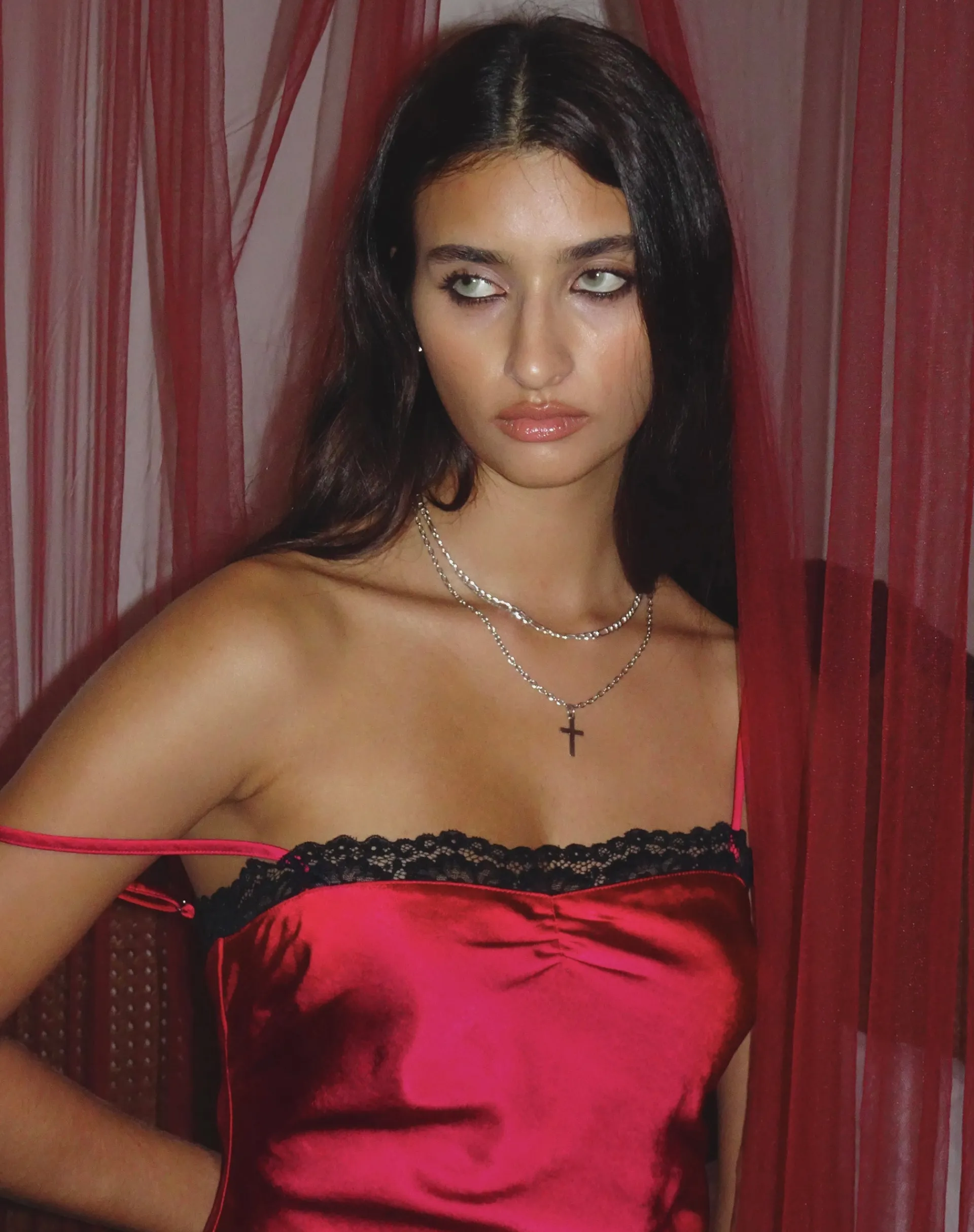 Motel Rocks Mini Dresses-Larna Satin Mini Dress in with Black Lace Trimming Red