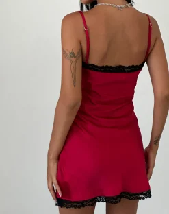 Motel Rocks Mini Dresses-Larna Satin Mini Dress in with Black Lace Trimming Red