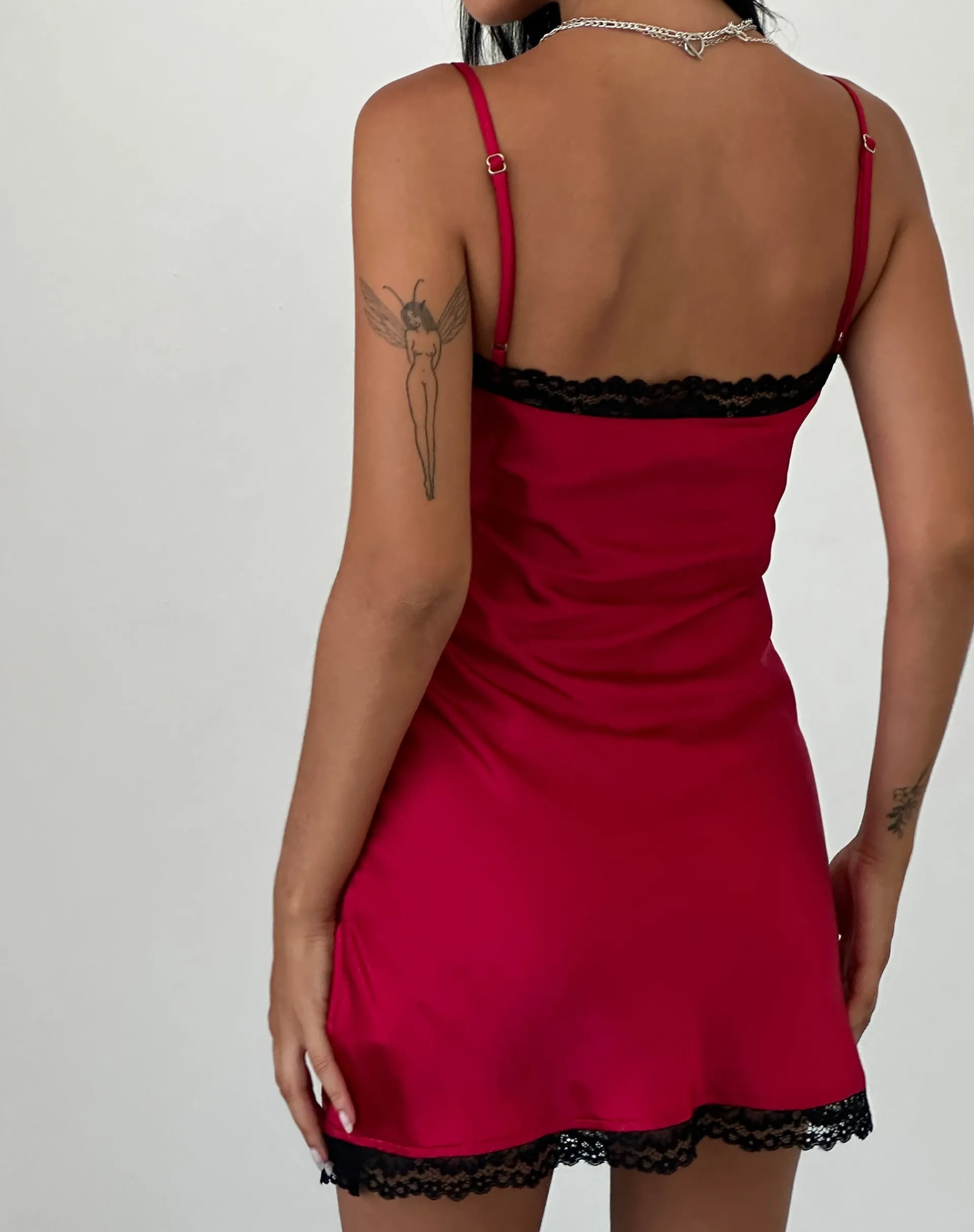 Motel Rocks Mini Dresses-Larna Satin Mini Dress in with Black Lace Trimming Red