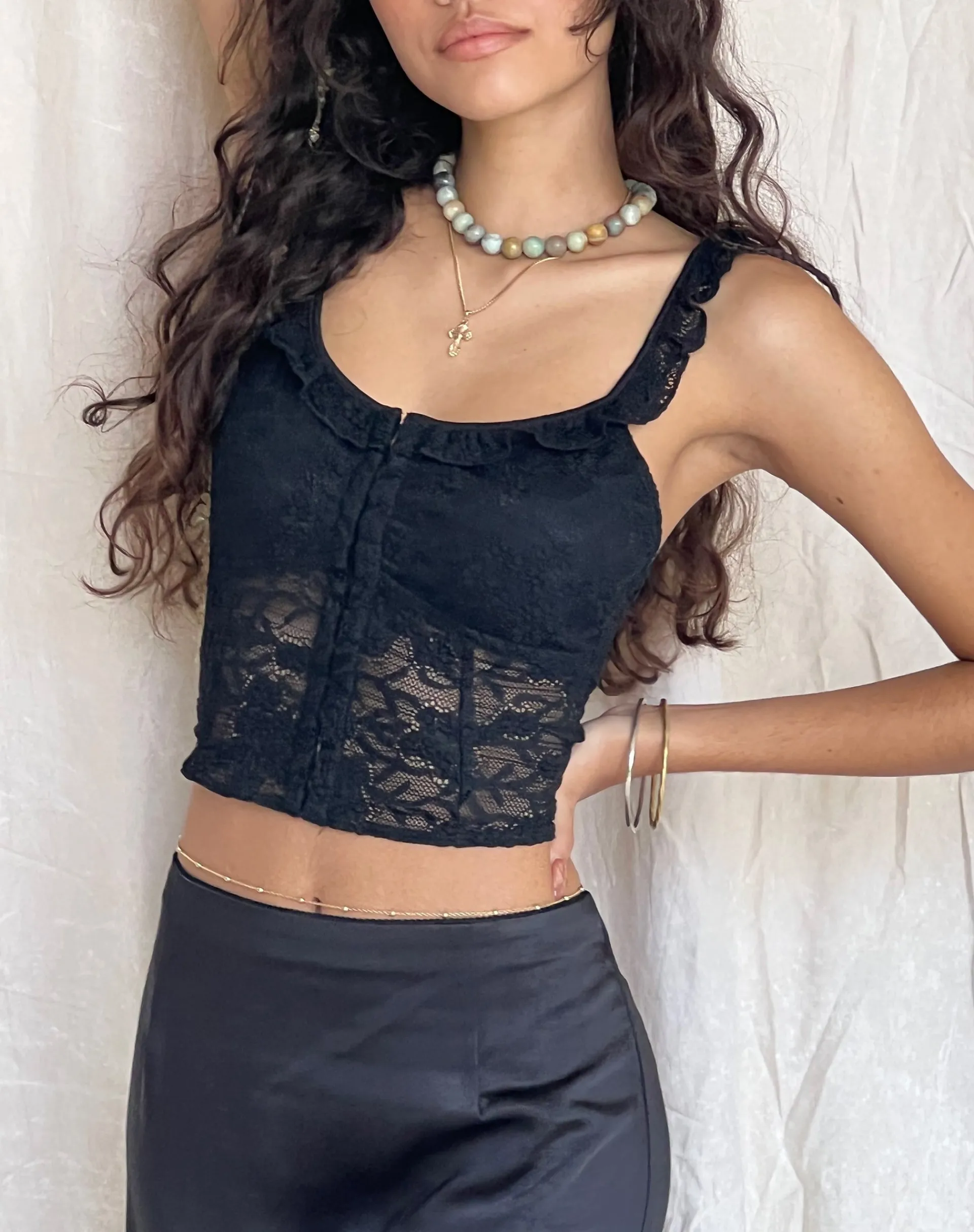 Motel Rocks Vest Tops | Lace Tops-Laru Corset Top in Lace Black LaceBlack