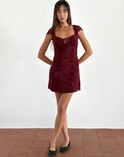 Motel Rocks Printed Dresses | Party Dresses-Lashka Mini Dress in Botanical Flower Maroon botancialflowermaroon