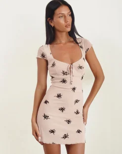 Motel Rocks Mini Dresses-Lashka Mini Dress in Cluster Ditsy Flock Nude ClusterDitsyFlockNude