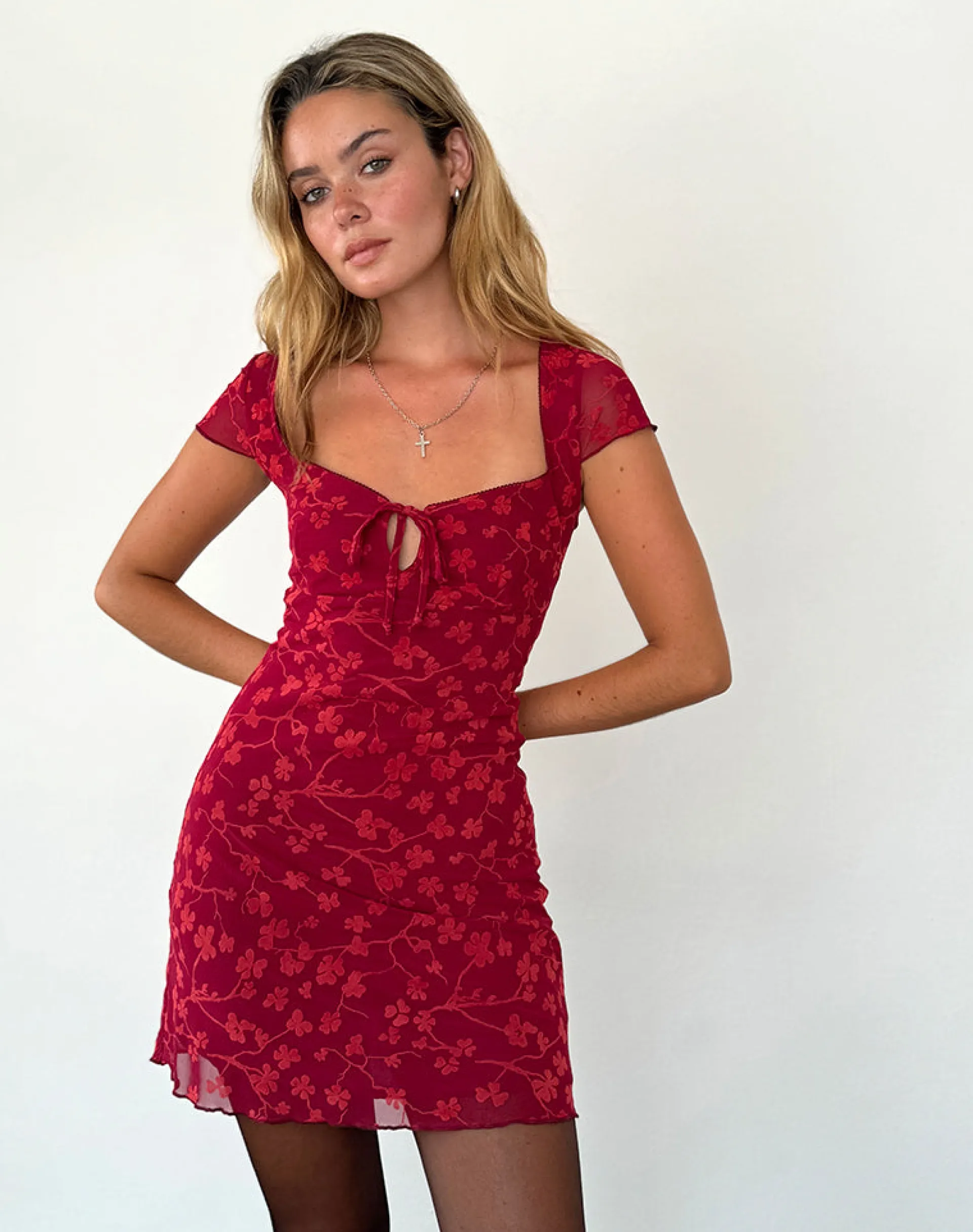 Motel Rocks Printed Dresses | Mini Dresses-Lashka Mini Dress in Red Grunge Floral Flock RedGrungeFloralFlock