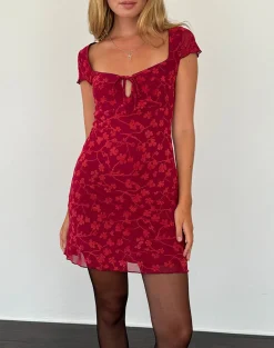 Motel Rocks Printed Dresses | Mini Dresses-Lashka Mini Dress in Red Grunge Floral Flock RedGrungeFloralFlock
