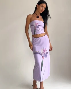 Motel Rocks A Line Skirts-Lassie Midi Skirt in Lilac Flower Placement LilacFlowerPlacement