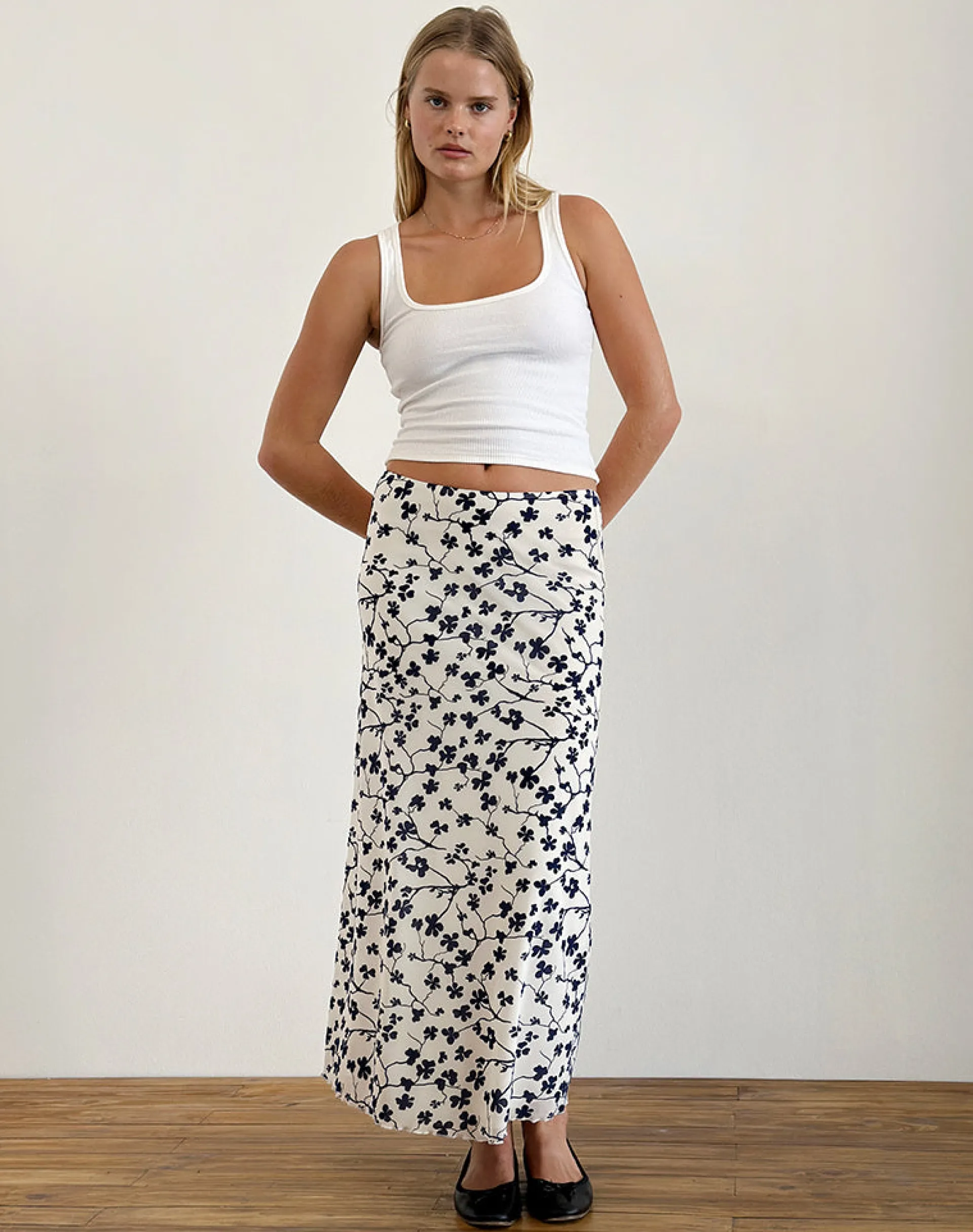Motel Rocks Printed Skirts | Maxi Skirts-Latika Skirt in Grunge Floral Flock Cream