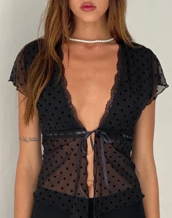 Motel Rocks Printed Tops-Lavanya Butterfly Top in Polka Black Flock PolkaBlackFlock