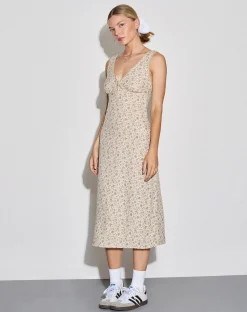 Motel Rocks Midi Dresses-Lavisha Midi Dress in Antique Blue and Ivory Floral antiqueblueandivoryfloral
