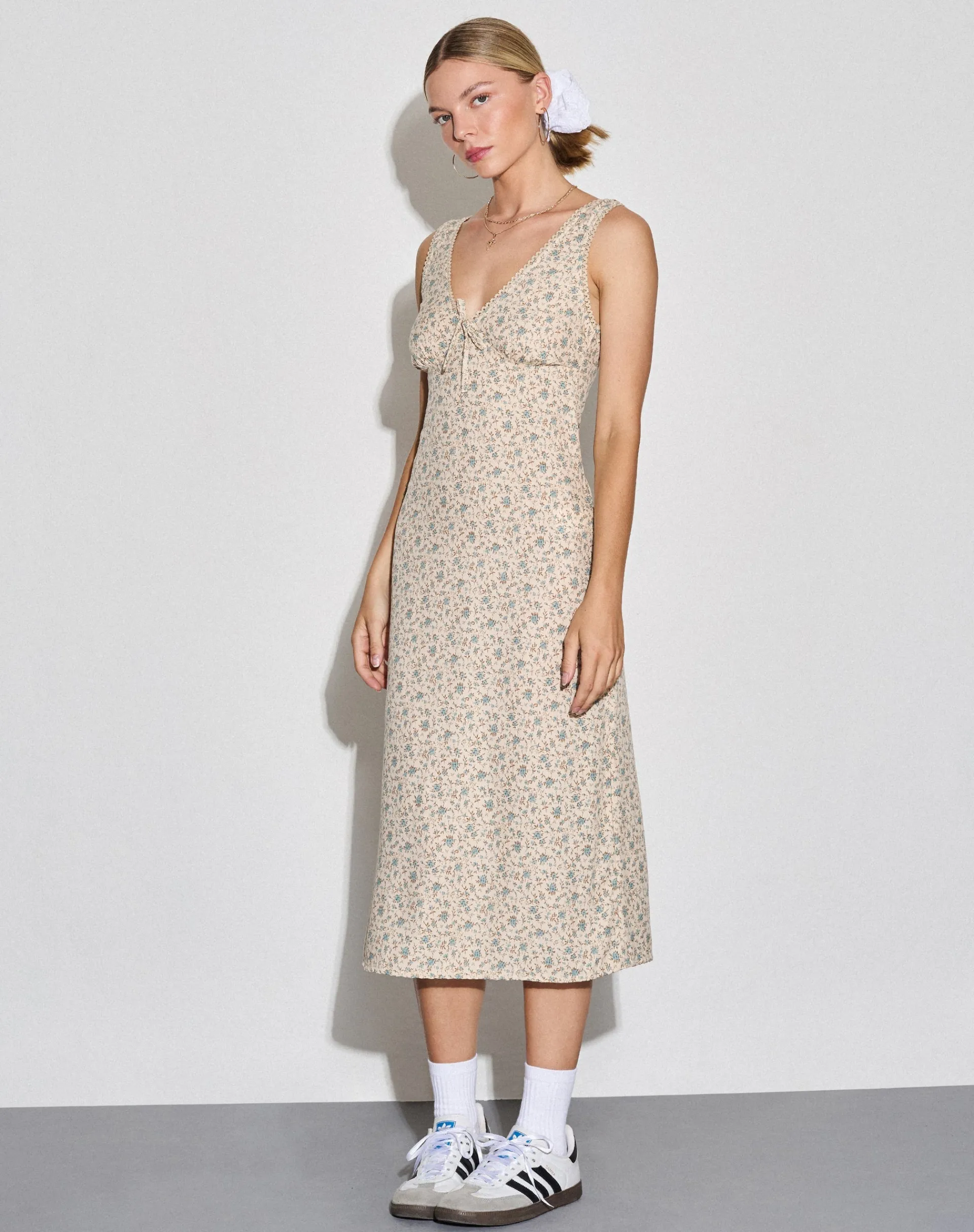 Motel Rocks Midi Dresses-Lavisha Midi Dress in Antique Blue and Ivory Floral antiqueblueandivoryfloral