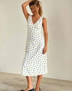Motel Rocks Printed Dresses | Day Dresses-Lavisha Midi Dress in Funshine Floral Off White FunshineFloralOffWhite