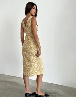 Motel Rocks Printed Dresses | Day Dresses-Lavisha Midi Dress in Yellow Cosmos Garden YellowCosmosGarden