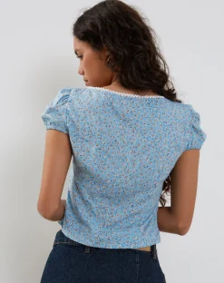 Motel Rocks Printed Tops-Laz Top in Ditsy Rose Blue DitsyRoseBlue