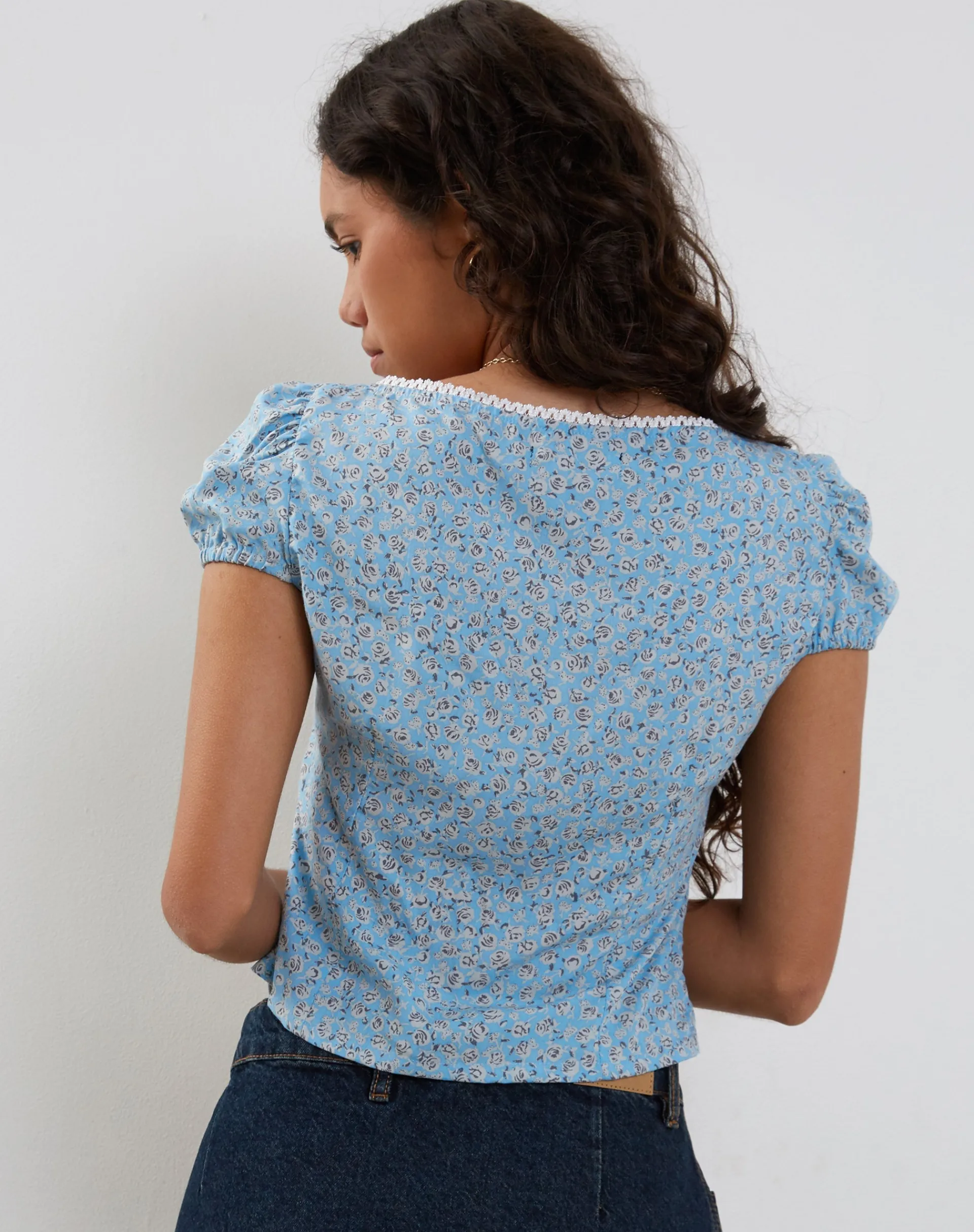 Motel Rocks Printed Tops-Laz Top in Ditsy Rose Blue DitsyRoseBlue