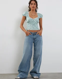 Motel Rocks Printed Tops-Laz Top in Pretty Petal Green PrettyPetalGreen