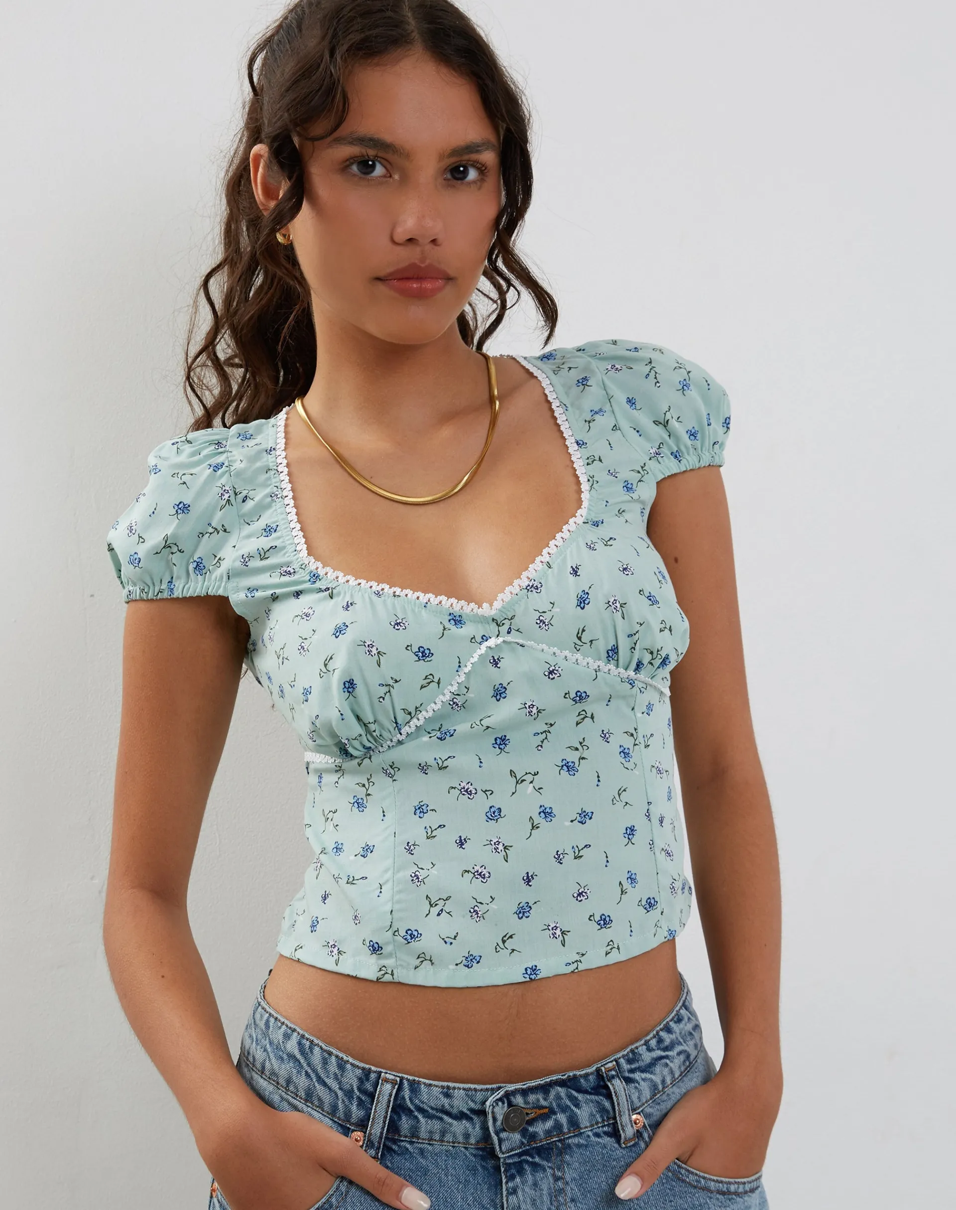 Motel Rocks Printed Tops-Laz Top in Pretty Petal Green PrettyPetalGreen