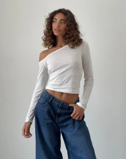 Motel Rocks Basics | Basic Tops-Ledez Asymmetric Slouchy Top in White Tissue Jersey WhiteTissueJersey