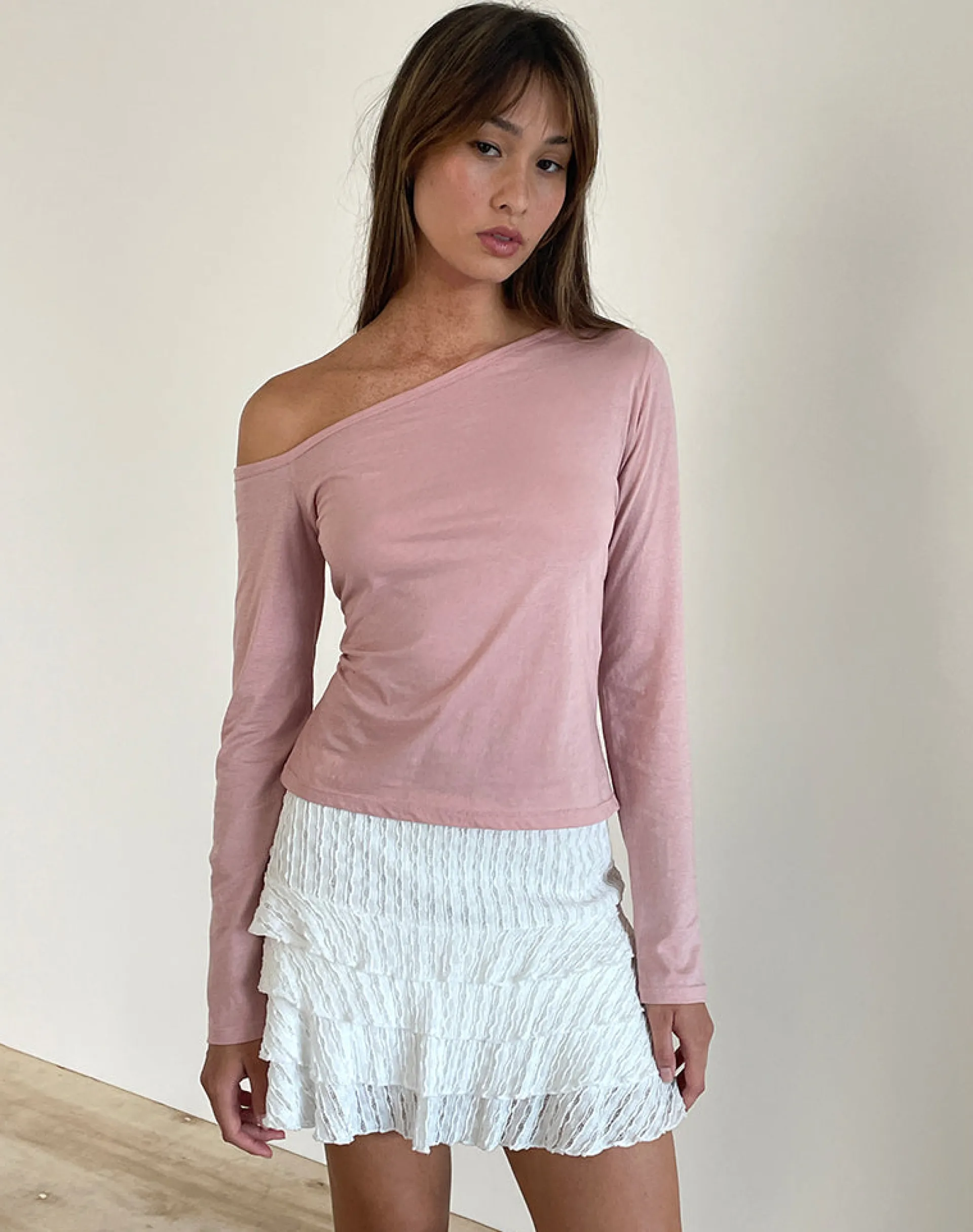 Motel Rocks Basics | Basic Tops-Ledez Asymmetrical Slouchy Top in Pink Lady Tissue PinkLadyTissue