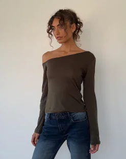 Motel Rocks Basics | Basic Tops-Ledez Asymmetrical Slouchy Top in Olive Tissue Jersey OliveTissueJersey