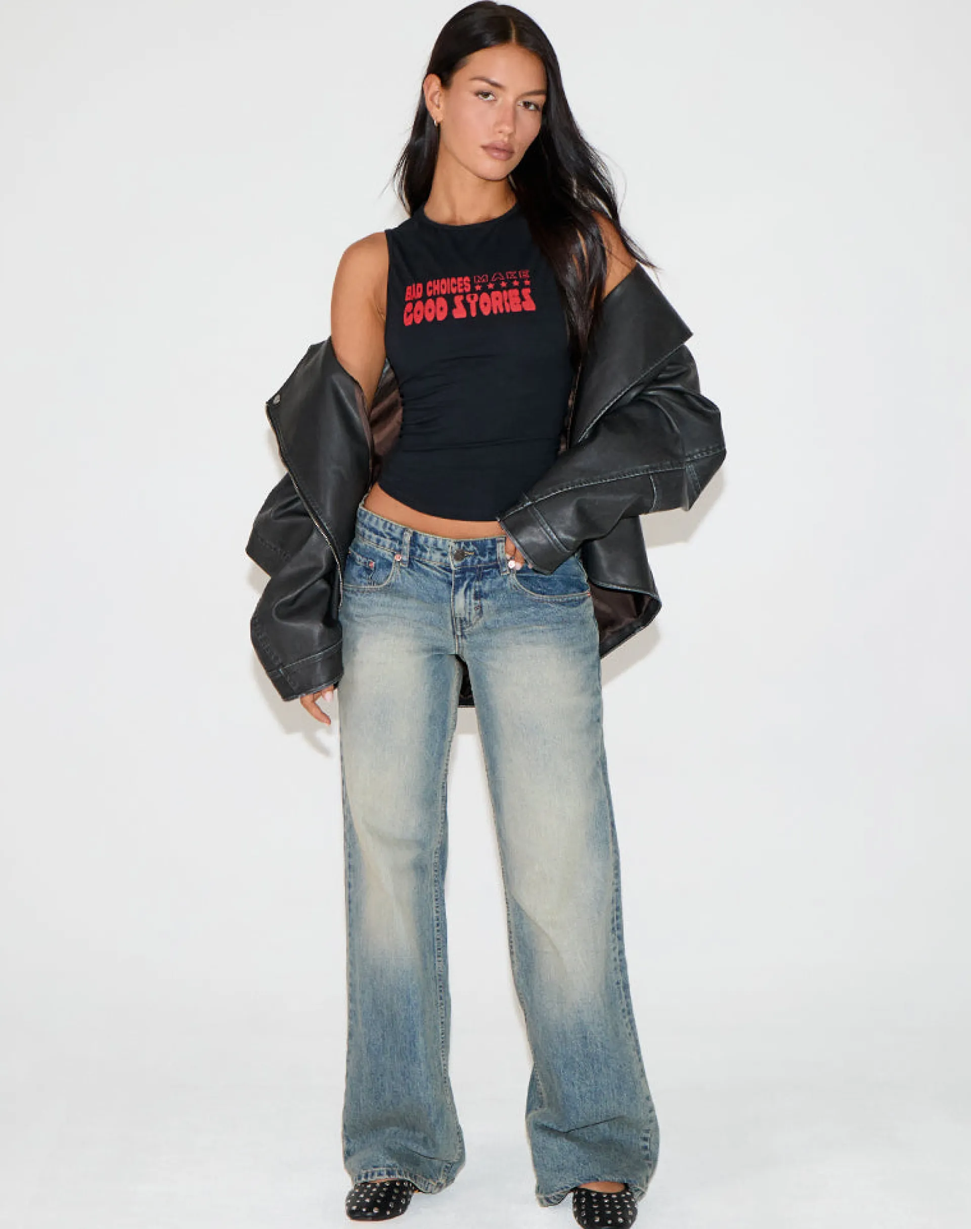Motel Rocks Basic Tops | Vest Tops-Leen Tank Top in Black with Bad Choices, Good Stories Graphic BlackwithBadChoicesGoodStoriesGraphic