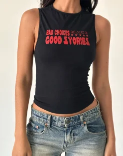 Motel Rocks Basic Tops | Vest Tops-Leen Tank Top in Black with Bad Choices, Good Stories Graphic BlackwithBadChoicesGoodStoriesGraphic