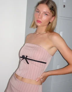 Motel Rocks Printed Tops | Going Out Tops-Leggy Tube Top in Tailoring Blush Pinstripe TailoringBlushPinstripe