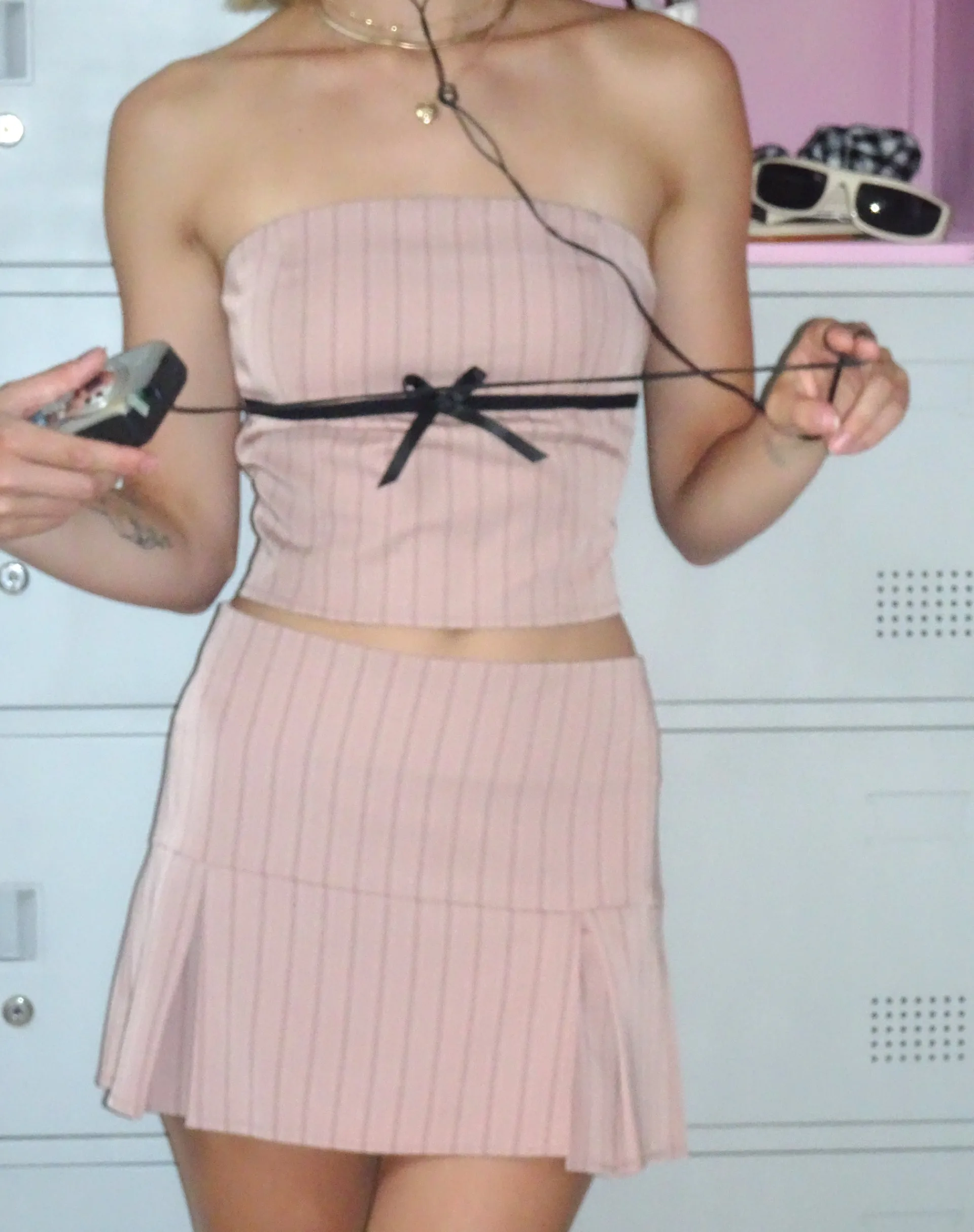 Motel Rocks Printed Tops | Going Out Tops-Leggy Tube Top in Tailoring Blush Pinstripe TailoringBlushPinstripe