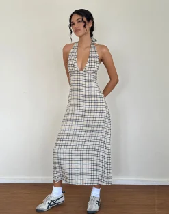 Motel Rocks Printed Dresses | Day Dresses-Lenata Halterneck Midi Dress in Pastel Blue Tartan