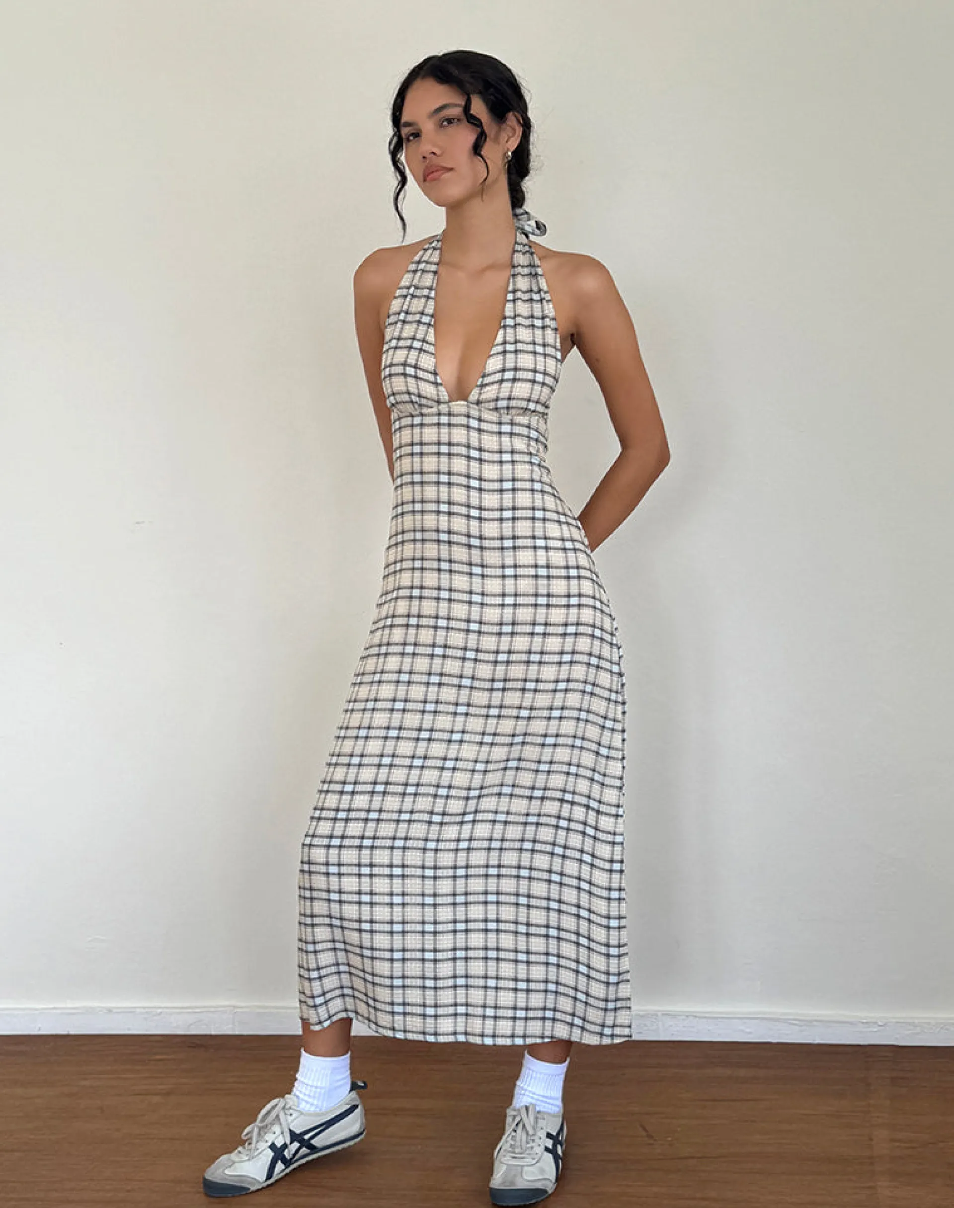 Motel Rocks Printed Dresses | Day Dresses-Lenata Halterneck Midi Dress in Pastel Blue Tartan