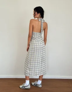 Motel Rocks Printed Dresses | Day Dresses-Lenata Halterneck Midi Dress in Pastel Blue Tartan