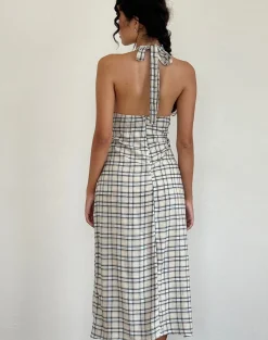 Motel Rocks Printed Dresses | Day Dresses-Lenata Halterneck Midi Dress in Pastel Blue Tartan