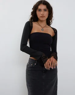 Motel Rocks Long Sleeve Tops | Lace Tops-Lenny Lace Shrug Top in Slinky Black with Black Lace Trim