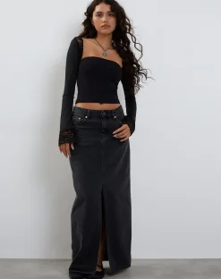 Motel Rocks Long Sleeve Tops | Lace Tops-Lenny Lace Shrug Top in Slinky Black with Black Lace Trim