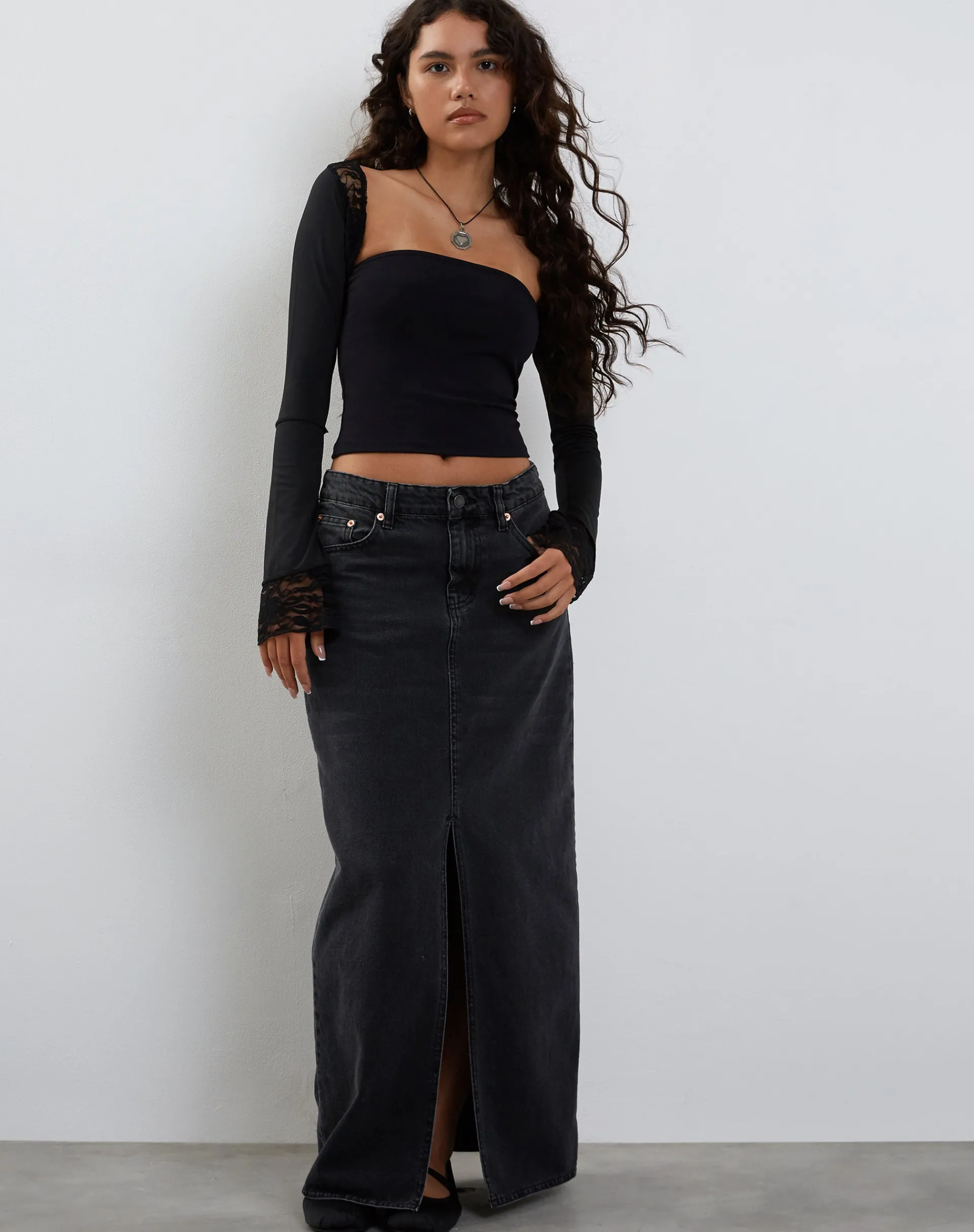 Motel Rocks Long Sleeve Tops | Lace Tops-Lenny Lace Shrug Top in Slinky Black with Black Lace Trim