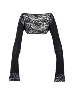 Motel Rocks Long Sleeve Tops | Lace Tops-Lenny Lace Shrug Top in Slinky Black with Black Lace Trim