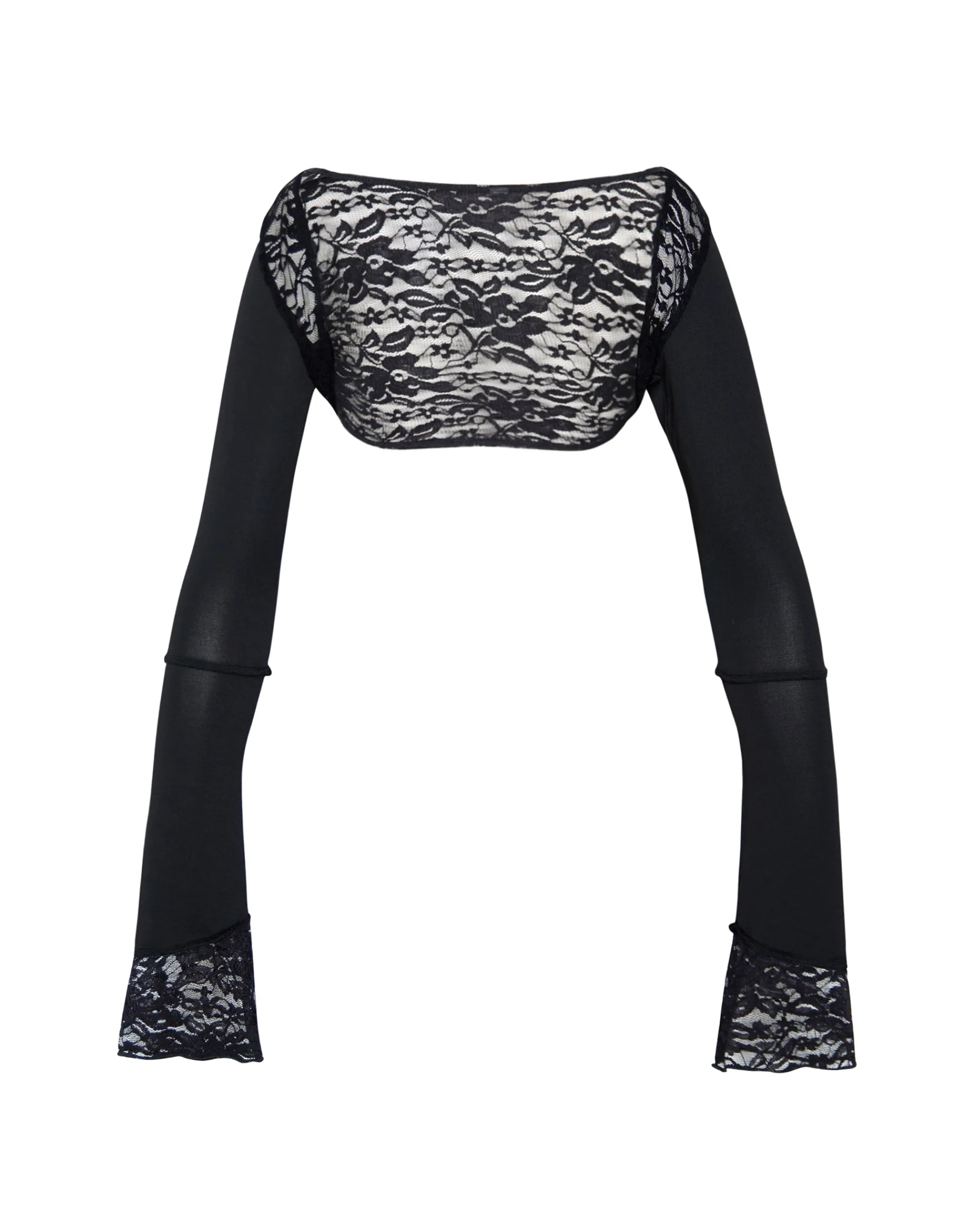 Motel Rocks Long Sleeve Tops | Lace Tops-Lenny Lace Shrug Top in Slinky Black with Black Lace Trim