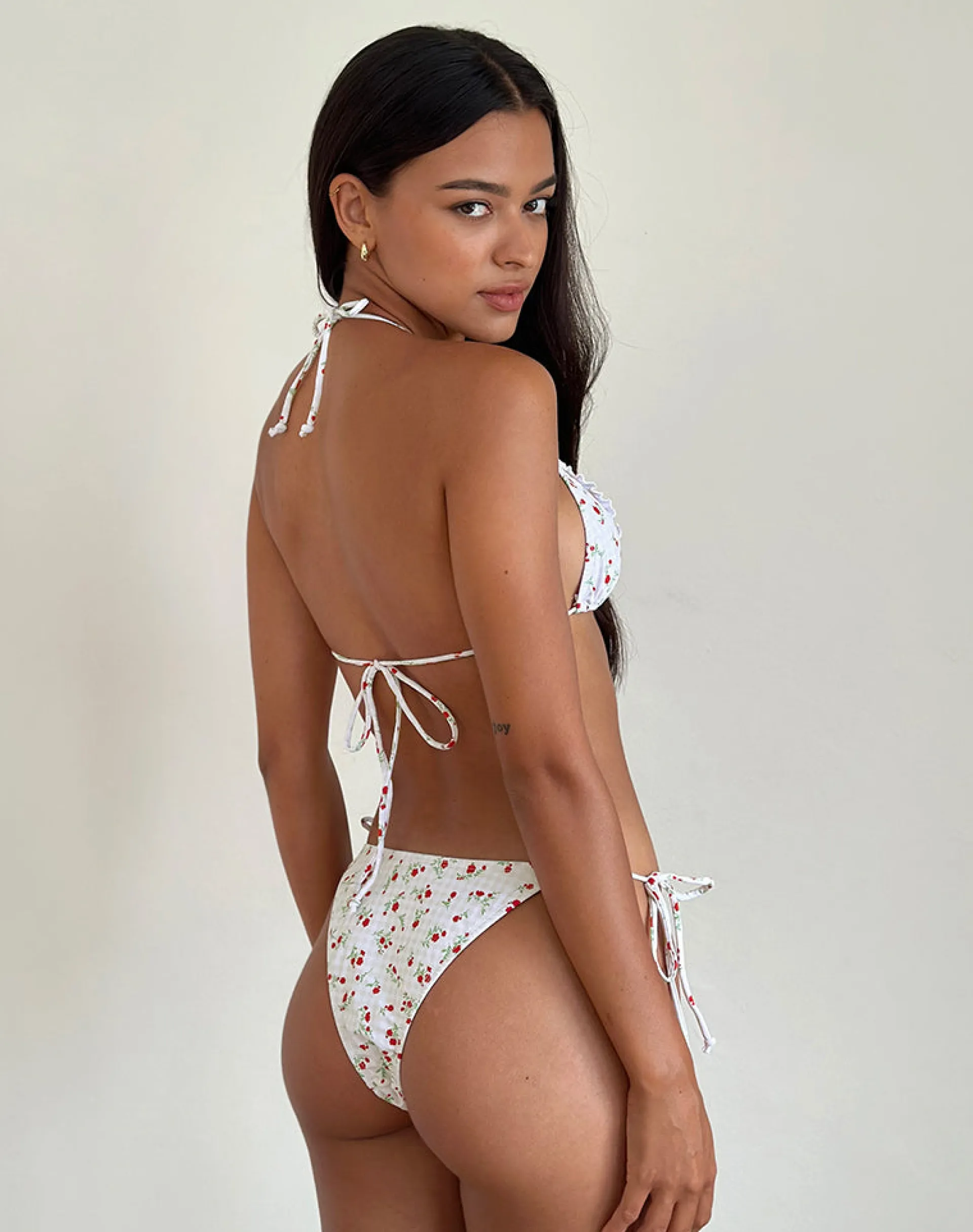 Motel Rocks Swimwear-Lentra Bikini Bottom in Red Floral Beige Gingham with Ruffle RedFloralBeigeGinghamwithRuffle