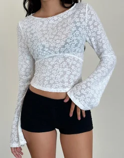 Motel Rocks Long Sleeve Tops | Going Out Tops-Lesina Long Sleeve Top in Burnout Mesh Ivory