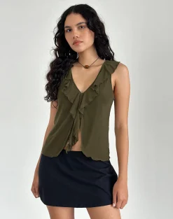 Motel Rocks Printed Tops | Strappy Tops-Leviosa Butterfly Top In Mesh Moss Green MeshMossGreen