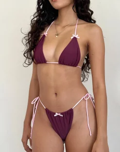 Motel Rocks Swimwear-Leyna Bow Bikini Bottom in Wine with Sakura Pink Binding WinewithSakuraPinkBinding