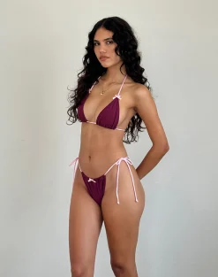 Motel Rocks Swimwear-Leyna Bow Bikini Bottom in Wine with Sakura Pink Binding WinewithSakuraPinkBinding