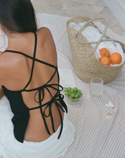 Motel Rocks Basic Tops | Strappy Tops-Lintang Tie Back Top in Linen Black