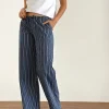 Motel Rocks Wide Leg Pants | Low Rise Pants-Lirura Wide Leg Trousers in Indigo Stripe Dark Blue IndigoStripeDarkBlue