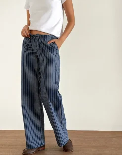 Motel Rocks Wide Leg Pants | Low Rise Pants-Lirura Wide Leg Trousers in Indigo Stripe Dark Blue IndigoStripeDarkBlue