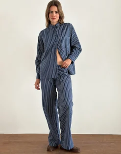 Motel Rocks Wide Leg Pants | Low Rise Pants-Lirura Wide Leg Trousers in Indigo Stripe Dark Blue IndigoStripeDarkBlue