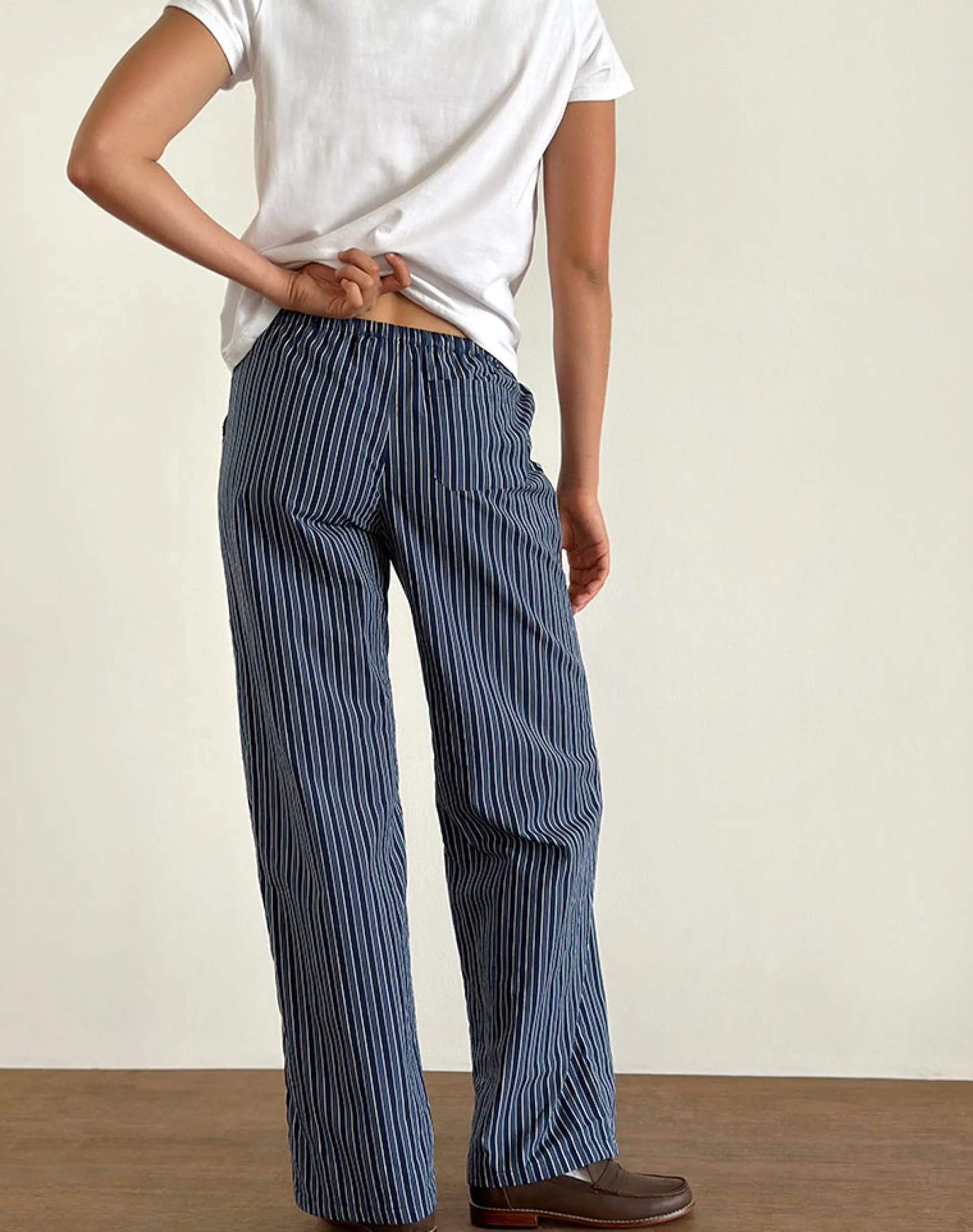 Motel Rocks Wide Leg Pants | Low Rise Pants-Lirura Wide Leg Trousers in Indigo Stripe Dark Blue IndigoStripeDarkBlue