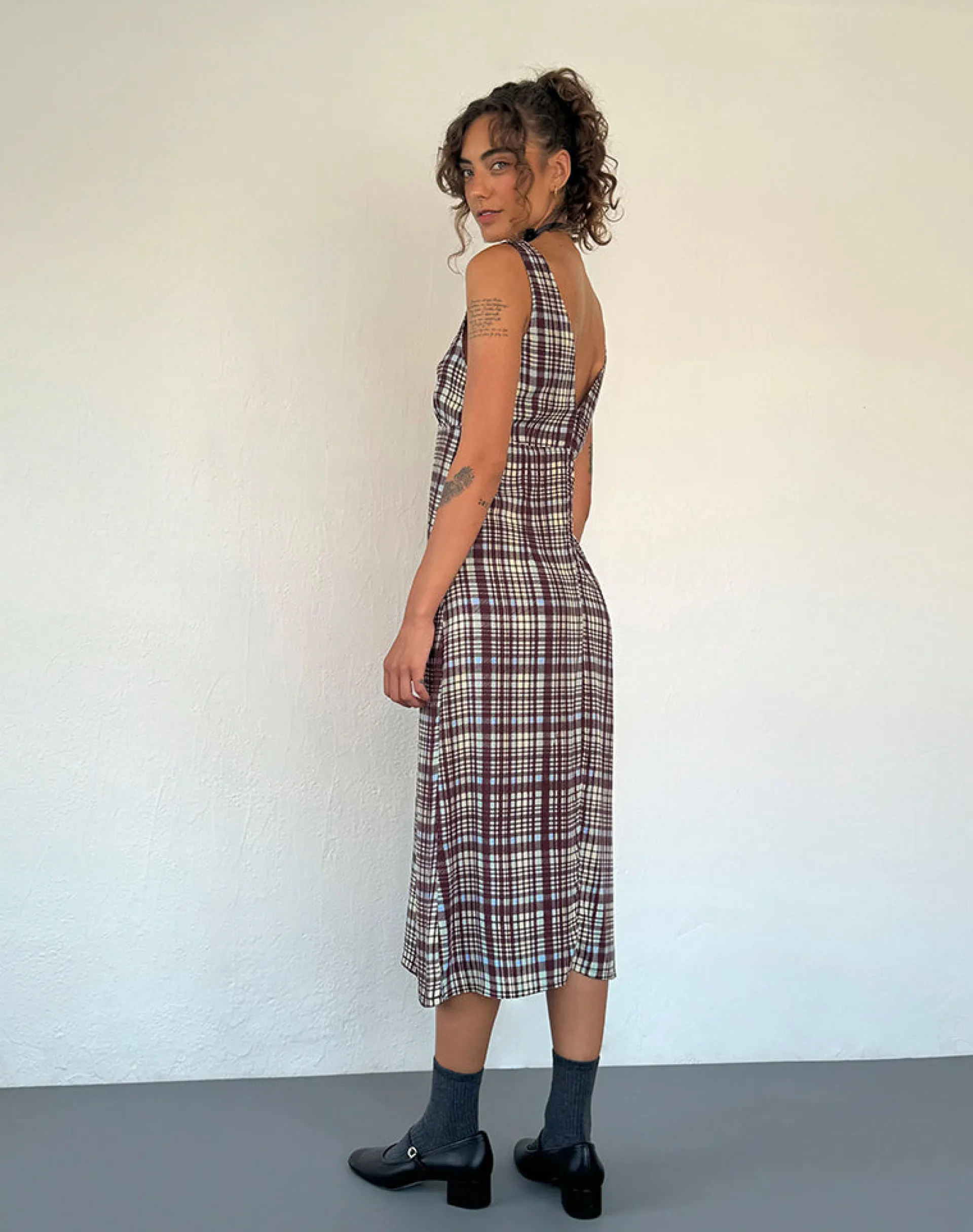 Motel Rocks Printed Dresses | Day Dresses-Liva Midi Dress in Multi Check Brown MultiCheckBrown