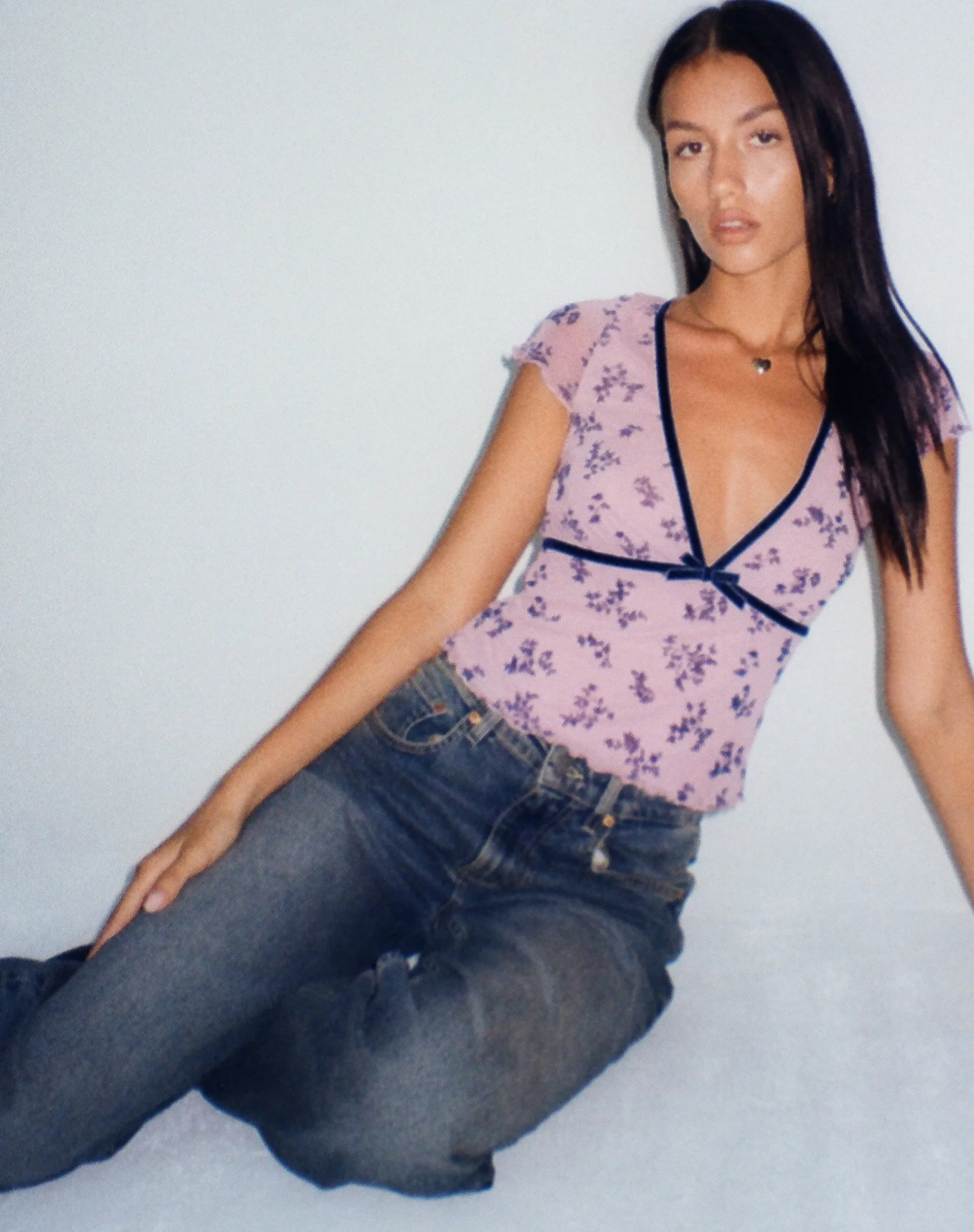 Motel Rocks Printed Tops-Livi Mesh Top in Pink and Navy Botanist Flocking